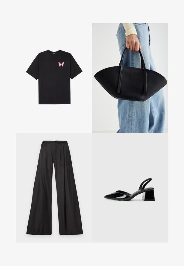 Crna pamučna majica s kratkim rukavima, s malim grafičkim prikazom ružičaste vjetricaste s desne strane na prsima. Dizajn s okruglim izrezom i opuštenim krojem.; Hlače širokih nogavica izrađene od glatkog crnog materijala. Imaju vertikalne nabore, kopčanje na dugme i visok struk. Minimalistički stil.; Crne lakirane kožne sandale s otvorenom petom i špicastim vrhom, s geometrijskom blok petom. Imaju elegantan, minimalistički dizajn i glatku teksturu.; Crna kožna torba jedinstvenog oblika ventilatora, s ravnim ručkama. Površina ima teksturu sličnu šljunku i minimalistički dizajn.