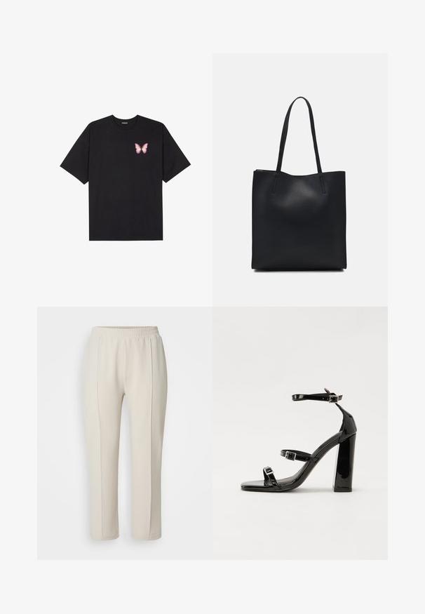 Schwarzes Baumwoll-T-Shirt mit kurzen Ärmeln, das ein kleines pinkes Schmetterlingsmotiv auf der linken Brust zeigt. Crewneck-Design mit einem entspannten Schnitt.; Helle beige Hosen mit elastischem Bund, ausgestattet mit zwei vorderen Falten und geradem Bein. Glatte Textur ohne sichtbare Muster.; Schwarze patentierte Sandalen mit Absatz, quadratischer Spitze, Knöchelriemen und silbernen Schnallen. Mit einem stabilen Blockabsatz für mehr Stabilität.; Schwarze Laptoptasche aus Leder mit glatter Textur, rechteckiger Form und zwei langen Griffen. Keine sichtbaren Beschläge oder Verzierungen.