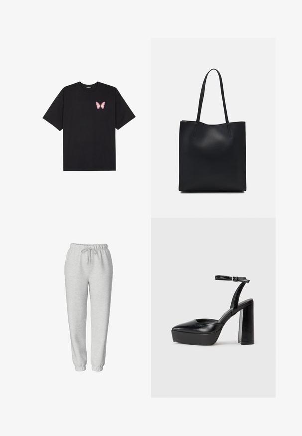 Czarny bawełniany t-shirt z krótkim rękawem, z małym różowym motylkiem na lewej piersi. Klasyczny dekolt z luźnym fasonem.; Jasnoszare spodnie dresowe z miękkiego, elastycznego materiału, z elastycznym paskiem w talii i regulowanym sznurkiem; dopasowany krój z ściągaczami przy kostkach.; Czarne platformy na wysokim obcasie z szpiczastym noskiem i regulowanym paskiem na kostkę. Wykonane z gładkiej skóry, z grubym słupkowym obcasem.; Czarna skórzana torba tote o gładkiej fakturze, prostokątnym kształcie i dwóch długich uchwytach. Brak widocznych elementów metalowych i ozdób.