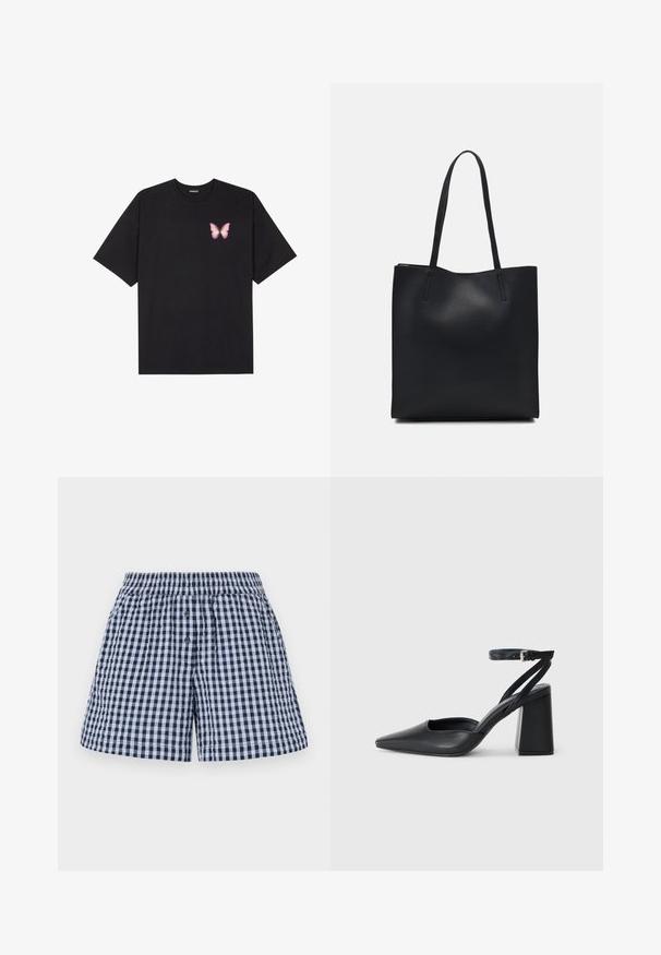 Melna kokvilnas T-krekls ar īsām piedurknēm, kuram priekšā kreisajā pusē ir neliels rozā tauriņa grafiskais attēls. Ar apaļu kaklu un brīvā stila piegriezumu.; Vīriešu bokseri tumši zilos un gaiši zilos rūtiņos, izgatavoti no mīksta kokvilnas materiāla, ar elastīgu jostu un divu pogu aizdari.; Melna ādas augstpapēžu kurpe ar norakstīto purngala formu, potītes siksniņu un masīlu papēdi. Gluda tekstūra, elegants dizains un minimālisma estētika.; Melnas ādas somiņa ar gludu tekstūru, taisnstūra formu un divām garām rokturiem. Nav redzamu aparatūras vai rotājumu.