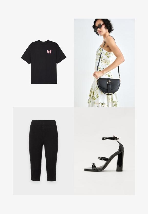 T-shirt de algodão preto com mangas curtas, apresentando um pequeno gráfico de borboleta rosa no lado esquerdo do peito. Design de gola redonda com um corte solto.; Calças de denim pretas, curtas e ajustadas, com uma cintura elástica, apresentando uma textura suave e bainha dobrada. Projetadas para conforto e facilidade de movimento.; Sandálias pretas de verniz com salto alto, duas fivelas, biqueira quadrada e salto largo, apresentando uma textura lisa e brilhante.; Bolsa de couro preta com forma curva, alça destacável e detalhes em dourado. A bolsa possui uma aba com detalhe de fivela.