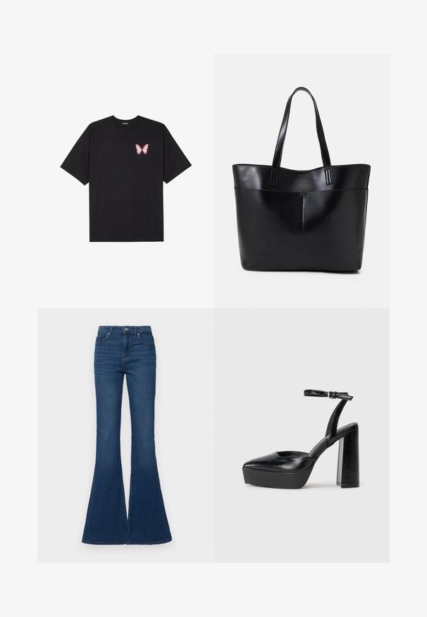 Svart bomullströja med korta ärmar, med en liten rosa fjärilsgrafik på vänster bröst. Rundad halsdesign med en avslappnad passform.; Uppflutna blå denimjeans med hög midja, med knappstängning, fem fickor och ett texturerat tyg med subtila blekningseffekter.; Svarta plattformsskor med spetsig tå och justerbart vristband. Tillverkade av mjukt läder, med en kraftig blockklack.; Svart läder tote-väska med två långa handtag, en slät yta och en strukturerad form. Har en framficka för extra förvaring.
