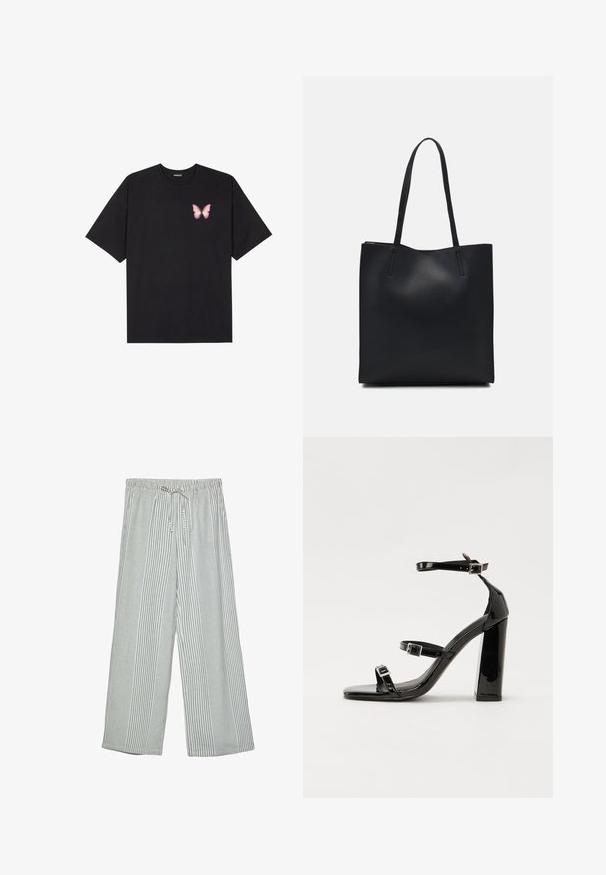 T-shirt en coton noir à manches courtes, avec un petit graphique de papillon rose sur la poitrine gauche. Modèle à col rond avec une coupe décontractée.; Pantalons légers à jambes larges avec un motif rayé vertical vert et blanc. Présentent une taille élastique avec une fermeture à cordon.; Sandales à talons vernies noires avec un bout carré, des sangles autour de la cheville et des boucles en argent. Dotées d'un talon bloc épais pour plus de stabilité.; Sac fourre-tout en cuir noir avec une texture lisse, de forme rectangulaire et deux longues poignées. Pas de matériel ou d'ornementations visibles.