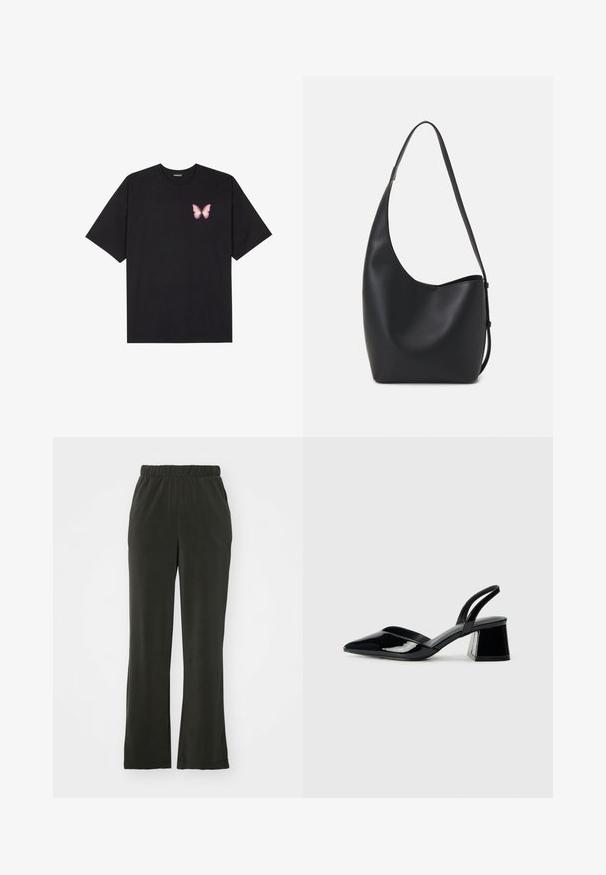 Black cotton t-shirt with short sleeves, featuring a small pink butterfly graphic on the left chest. Crew neck design with a relaxed fit.; Black, soft fabric pants with an elastic waistband, featuring a relaxed fit and straight legs. No visible patterns or accents.; Black patent leather slingback heels with a pointed toe and a geometric block heel. Features a sleek, minimal design and smooth texture.; Black leather hobo bag with a smooth texture, curved shape, and single adjustable strap; features a wide opening at the top.