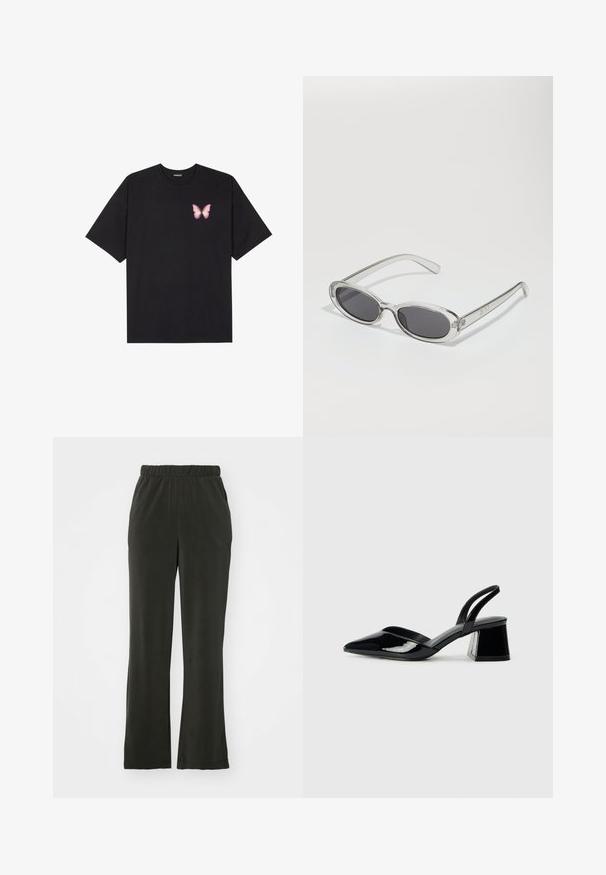 Black cotton t-shirt with short sleeves, featuring a small pink butterfly graphic on the left chest. Crew neck design with a relaxed fit.; Black, soft fabric pants with an elastic waistband, featuring a relaxed fit and straight legs. No visible patterns or accents.; Black patent leather slingback heels with a pointed toe and a geometric block heel. Features a sleek, minimal design and smooth texture.; Sunglasses with an oval shape, clear plastic frame, dark gray lenses, and thin transparent arms featuring logo accents and minimal detailing.