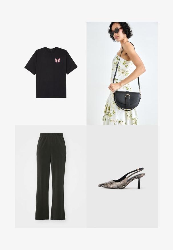 Black cotton t-shirt with short sleeves, featuring a small pink butterfly graphic on the left chest. Crew neck design with a relaxed fit.; Black, soft fabric pants with an elastic waistband, featuring a relaxed fit and straight legs. No visible patterns or accents.; Pointed-toe slingback shoes made of textured snake print material, featuring a slender black heel and a cutout design on the sides.; Black leather handbag with a curved shape, detachable strap, and gold hardware. The bag features a flap with a buckle detail.