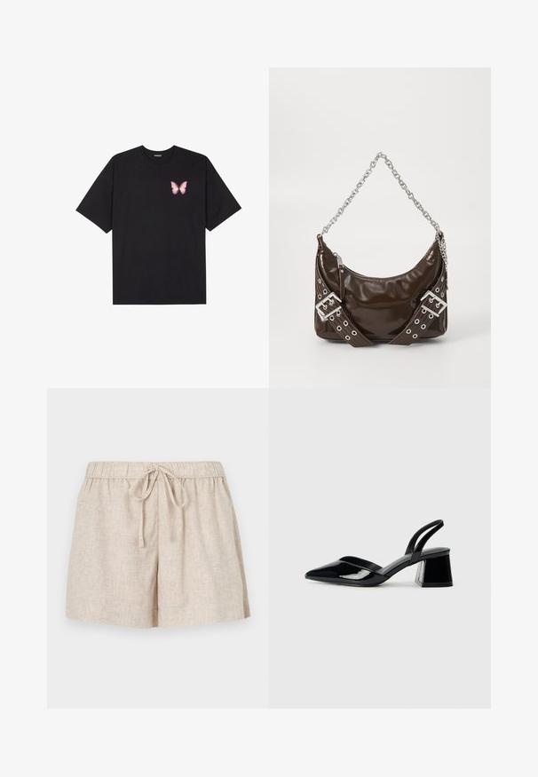 Black cotton t-shirt with short sleeves, featuring a small pink butterfly graphic on the left chest. Crew neck design with a relaxed fit.; Linen shorts in light beige with an elastic waistband and adjustable tie. Features a loose fit and a smooth texture.; Black patent leather slingback heels with a pointed toe and a geometric block heel. Features a sleek, minimal design and smooth texture.; Dark brown patent leather handbag with silver chain strap, decorative double buckled belts, and zipper closure.
