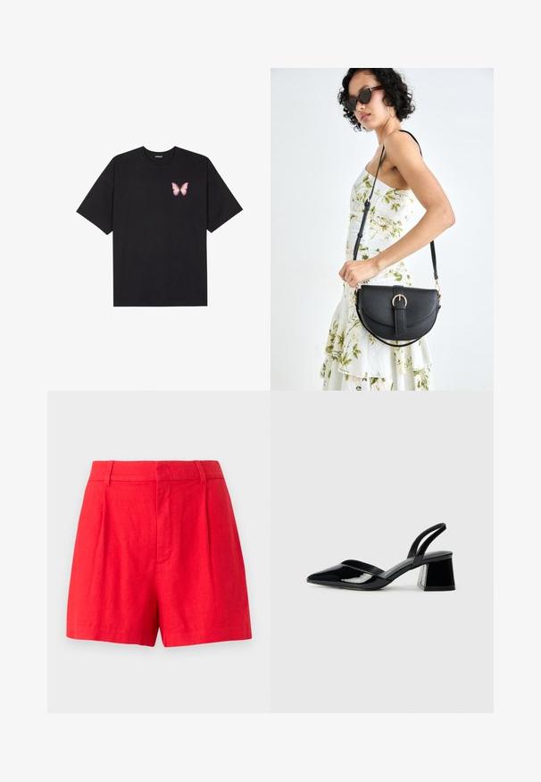 Tricou negru din bumbac cu mâneci scurte, având pe partea stângă a pieptului un mic grafic cu un fluture roz. Design cu guler rotund și croială lejeră.; Pantaloni scurți roșii din in cu un design croit, având plice, o textură netedă și un tiv mediu.; Pantofi cu toc slingback din piele lacuită neagră, cu vârf ascuțit și toc geometric. Prezintă un design elegant, minimalist și o textură netedă.; Geantă din piele neagră, cu o formă curbată, curea detașabilă și accesorii aurii. Geanta are un capac cu un detaliu tip cataramă.