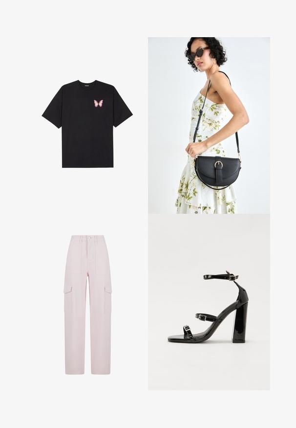 Schwarzes Baumwoll-T-Shirt mit kurzen Ärmeln, das ein kleines pinkes Schmetterlingsmotiv auf der linken Brust zeigt. Crewneck-Design mit einem entspannten Schnitt.; Rosa Cargo-Hose mit lockerer Passform, zwei seitlichen Taschenklappen und einem Knopfverschluss an der Taille. Hergestellt aus einem robusten Stoff mit einer glatten Textur.; Schwarze Lackleder-Sandalen mit hohen Absätzen, zwei Riemen mit Schnallen, quadratischer Zehenpartie und klobigem Blockabsatz, mit einer glatten, glänzenden Textur.; Schwarze Lederhandtasche mit geschwungener Form, abnehmbarem Tragegurt und goldenen Beschlägen. Die Tasche verfügt über einen Deckel mit einer Schnallen-Details.