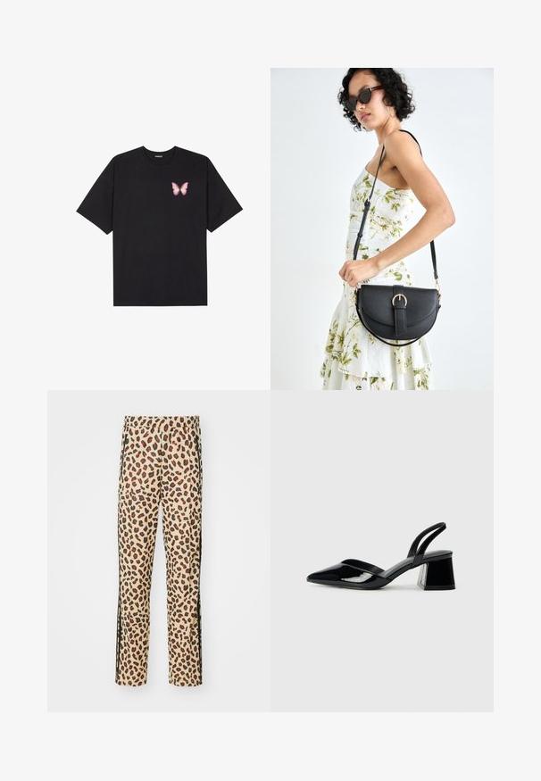 Svart bomulls T-skjorte med korte ermer, med en liten rosa sommerfugl grafikk på venstre bryst. Crew-neck design med en avslappet passform.; adidas Originals LEOPARD - Joggebukse - black; Svarte patentlær slingback hæler med spiss tå og geometrisk blokk hæl. Har et stilrent, minimalistisk design og jevn tekstur.; Svart lærveske med en buet form, avtagbar stropp og gullbeslag. Vesken har et klaff med spenne-detall.