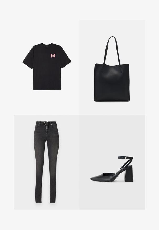 T-shirt de algodão preto com mangas curtas, apresentando um pequeno gráfico de borboleta rosa no lado esquerdo do peito. Design de gola redonda com um corte solto.; Calças de ganga skinny pretas de cintura alta, feitas de denim, com fecho de zipper, design de cinco bolsos e textura suave com leve desbotamento.; Sandal com biqueira afilada em couro preto, com cinta no tornozelo e salto grosso. Textura lisa, design elegante e estética minimalista.; Bolsa tote preta em couro com textura lisa, forma retangular e duas alças longas. Sem hardware ou enfeites visíveis.