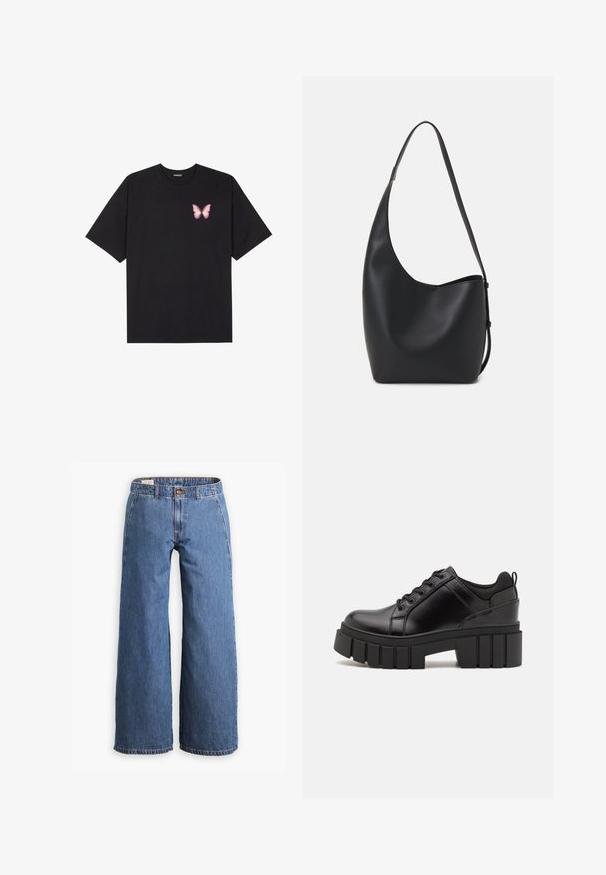 Juodas medvilnės marškinėliai trumpomis rankovėmis, su maža rožine drugelio grafika kairėje krūtinės pusėje. Apvalus kaklo iškirpimas, laisvas kirpimas.; Platus blešvas džinsai su aukštu liemeniu, mygtuko užsegimu ir klasikine penkių kišenių forma. Minkšta tekstūra ir išblukusi spalva visame gaminyje.; Juodi odiniai platformos batai su masyviu blokuota kulniuku, apvalia nosimi ir tradiciniu šnypštimo dizainu. Turintys glotnų paviršių ir minimalų dekoravimą.; Juodas odinis hobo maišas su lygiu paviršiumi, kreipta forma ir viena reguliuojama rankena; turi platų atidarymą viršuje.