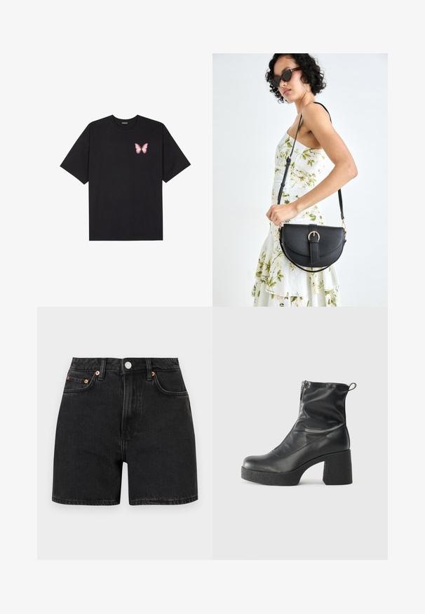 T-shirt en coton noir à manches courtes, avec un petit graphique de papillon rose sur la poitrine gauche. Modèle à col rond avec une coupe décontractée.; Shorts en denim noir à taille haute, avec des accents de boutons en cuivre et une conception à cinq poches. Texture lisse, coupe droite et ourlets retournés.; Bottes noires à la cheville en cuir lisse, dotées d'une fermeture éclair sur le côté, d'un talon épais texturé et d'une conception à bout rond.; Sac à main en cuir noir avec une forme courbée, bandoulière amovible et des accessoires en or. Le sac est doté d'un rabat avec un détail de boucle.