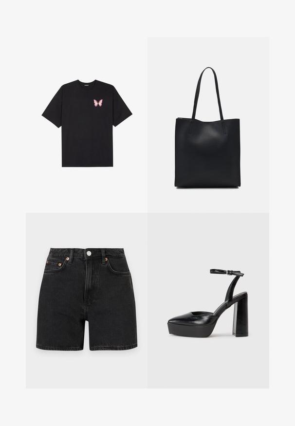 T-shirt en coton noir à manches courtes, avec un petit graphique de papillon rose sur la poitrine gauche. Modèle à col rond avec une coupe décontractée.; Shorts en denim noir à taille haute, avec des accents de boutons en cuivre et une conception à cinq poches. Texture lisse, coupe droite et ourlets retournés.; Escarpins noirs à plateforme avec un bout pointu et une sangle réglable à la cheville. Conçus en cuir lisse, avec un large talon bloc.; Sac fourre-tout en cuir noir avec une texture lisse, de forme rectangulaire et deux longues poignées. Pas de matériel ou d'ornementations visibles.