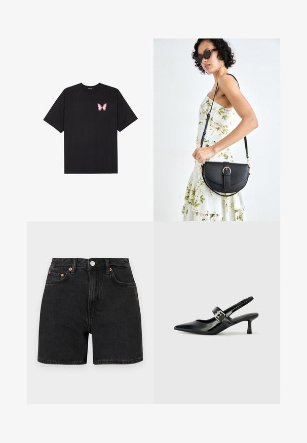 Black cotton t-shirt with short sleeves, featuring a small pink butterfly graphic on the left chest. Crew neck design with a relaxed fit.; Black denim shorts with a high waist, featuring copper button accents and five-pocket design. Smooth texture, straight cut, and turn-up hems.; Black patent leather slingback heels with a pointed toe and a small block heel, featuring a silver buckle accent on the strap.; Black leather handbag with a curved shape, detachable strap, and gold hardware. The bag features a flap with a buckle detail.