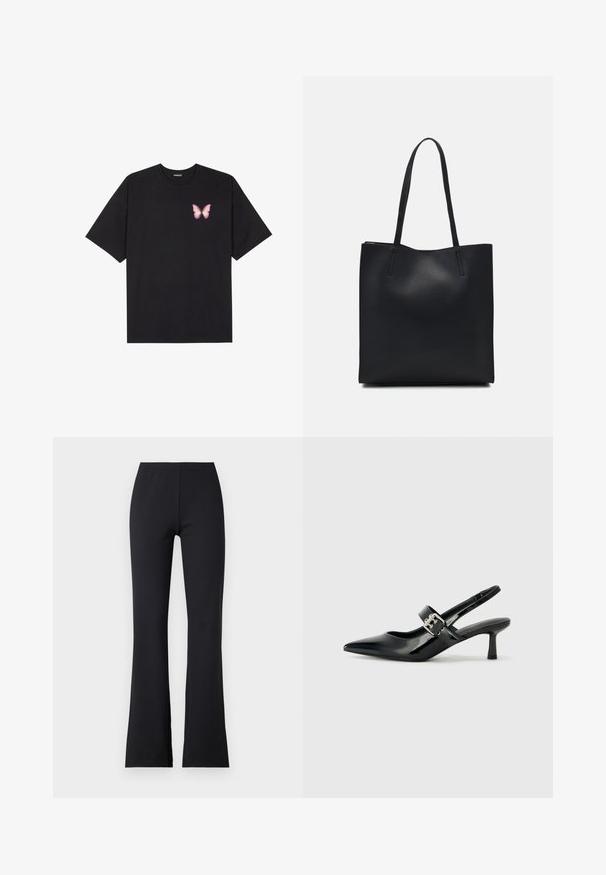 Black cotton t-shirt with short sleeves, featuring a small pink butterfly graphic on the left chest. Crew neck design with a relaxed fit.; Black flared pants made of stretchy fabric with an elastic waistband; smooth texture, full length, and no visible patterns or accents.; Black patent leather slingback heels with a pointed toe and a small block heel, featuring a silver buckle accent on the strap.; Black leather tote bag with smooth texture, rectangular shape, and two long handles. No visible hardware or embellishments.