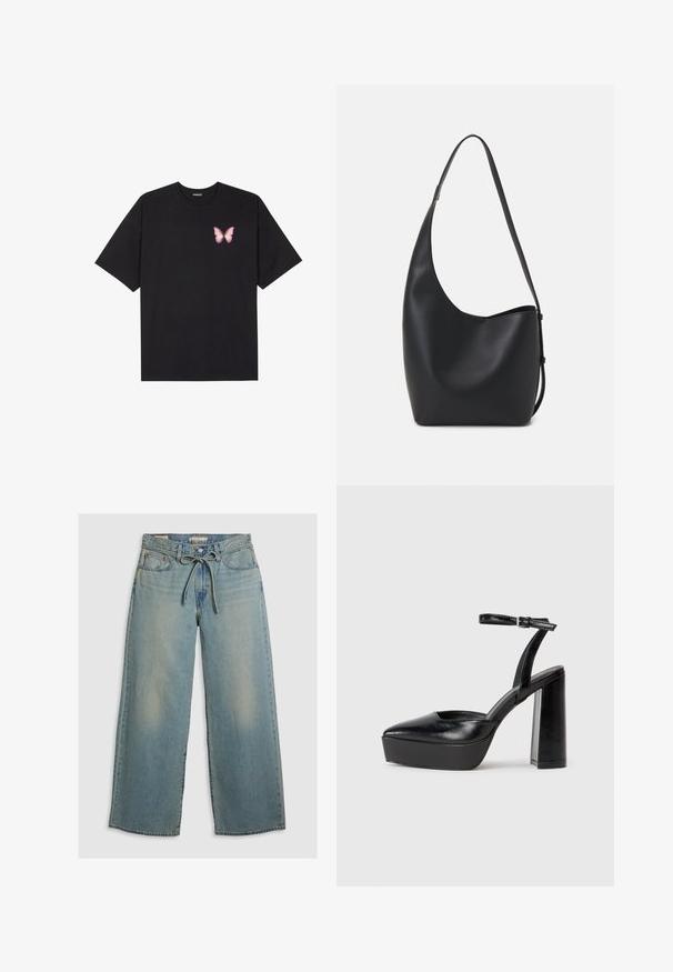 T-shirt de algodão preto com mangas curtas, apresentando um pequeno gráfico de borboleta rosa no lado esquerdo do peito. Design de gola redonda com um corte solto.; Jeans de perna larga azul claro, feitos de denim, com um fecho de laço e desbotamento subtil. Inclui dois bolsos frontais e um ajuste descontraído.; Saltos altos pretos com bico fino e atilho ajustável no tornozelo. Confeccionados em couro suave, apresentam um salto bloco robusto.; Saco hobo preto em pele com uma textura lisa, forma curva e uma única alça ajustável; apresenta uma abertura larga na parte de cima.