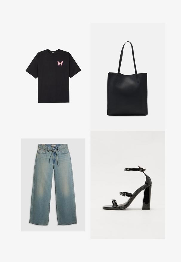 Melna kokvilnas T-krekls ar īsām piedurknēm, kuram priekšā kreisajā pusē ir neliels rozā tauriņa grafiskais attēls. Ar apaļu kaklu un brīvā stila piegriezumu.; Gaiši zili, plaša piegriezuma džinsi no denima, ar aukliņu siksnu un vieglu izbalēšanu. Iekļauj divas priekšējās kabatas un relaksētu fit.; Melnas lakotas augstpapēžu čības ar kvadrāta purngalu, potīšu siksniņām un sudraba sprādzēm. Aprīkotas ar masīvu bloku papēdi stabilitātei.; Melnas ādas somiņa ar gludu tekstūru, taisnstūra formu un divām garām rokturiem. Nav redzamu aparatūras vai rotājumu.