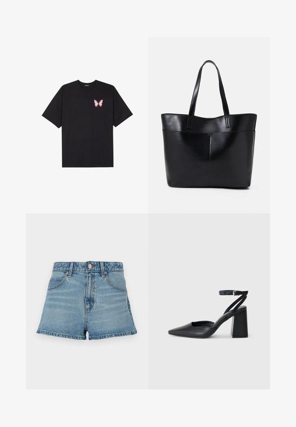 Tricou negru din bumbac cu mâneci scurte, având pe partea stângă a pieptului un mic grafic cu un fluture roz. Design cu guler rotund și croială lejeră.; Șorturi din denim de un albastru deschis, cu talie înaltă, margine destrămată, coasere contrastante și buzunare frontale. Include un nasture metalic și etichetă de marcă.; Pantofii cu toc ascuțit din piele neagră, cu breteaua pentru glezne și toc gros. Textură netedă, design elegant și estetică minimală.; Geantă oversized din piele neagră, cu două mânere lungi, de textură netedă și formă structurată. Are un buzunar frontal pentru stocare suplimentară.
