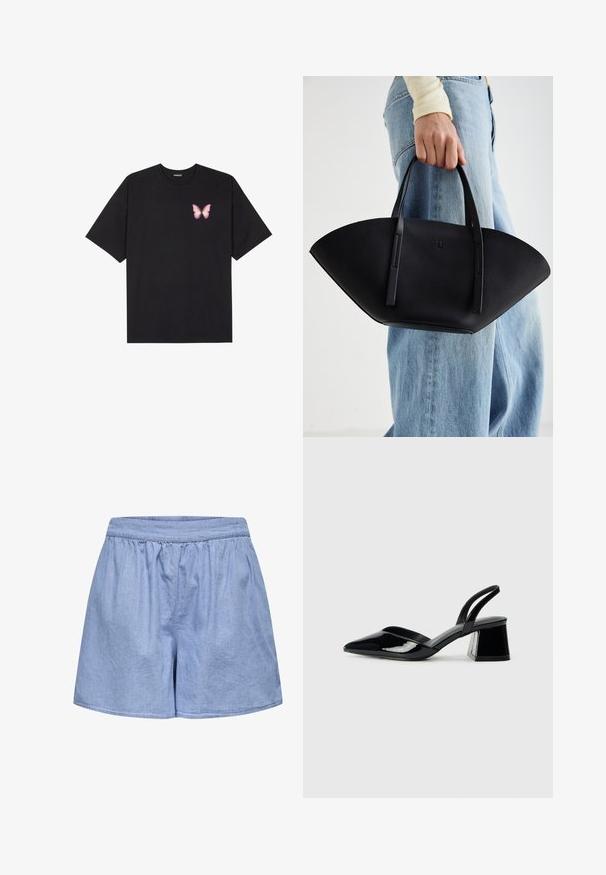 Fekete pamut póló rövid ujjakkal, bal mellkason egy kis rózsaszín pillangó grafikával. Kerek nyakú kialakítás, laza fazonnal.; Kék chambray rövidnadrág elasztikus derékkal, laza szabással és sima textúrával; hemzsgő szélek és ráncolt díszítés a derékon.; Fekete lakk bőr szandálkés magas sarkú cipő, hegyes orral és geometrikus tömbsarkakkal. Karcsú, minimalista dizájn és sima textúra jellemzi.; Fekete bőr kézitáska egyedi legyezőformával, lapos füllel. A felülete kőriszerű textúrájú és minimalista dizájnnal rendelkezik.