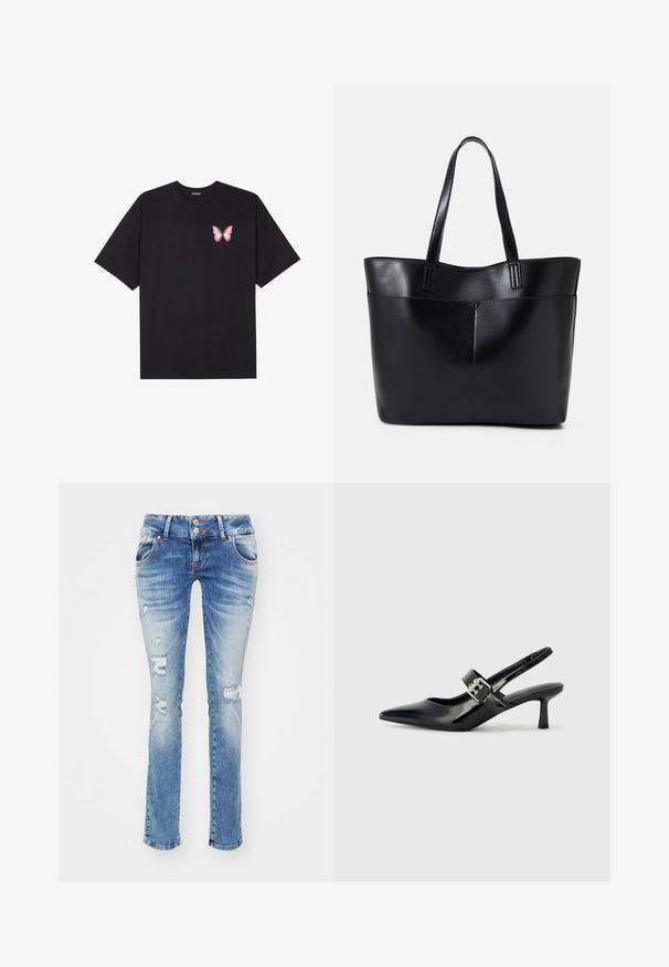Fekete pamut póló rövid ujjakkal, bal mellkason egy kis rózsaszín pillangó grafikával. Kerek nyakú kialakítás, laza fazonnal.; Világoskék farmernadrág, egyenes szárú fazonnal, elhasznált elemekkel és két gombbal a deréknál.; Fekete lakkbőr slingback sarkú cipők hegyes orral és kis blokk talppal, ezüst csat díszítéssel a pánton.; Fekete bőr bevásárlótáska két hosszú fogantyúval, sima felülettel és strukturált formával. Elülső zseb található rajta a plusz tárolás érdekében.