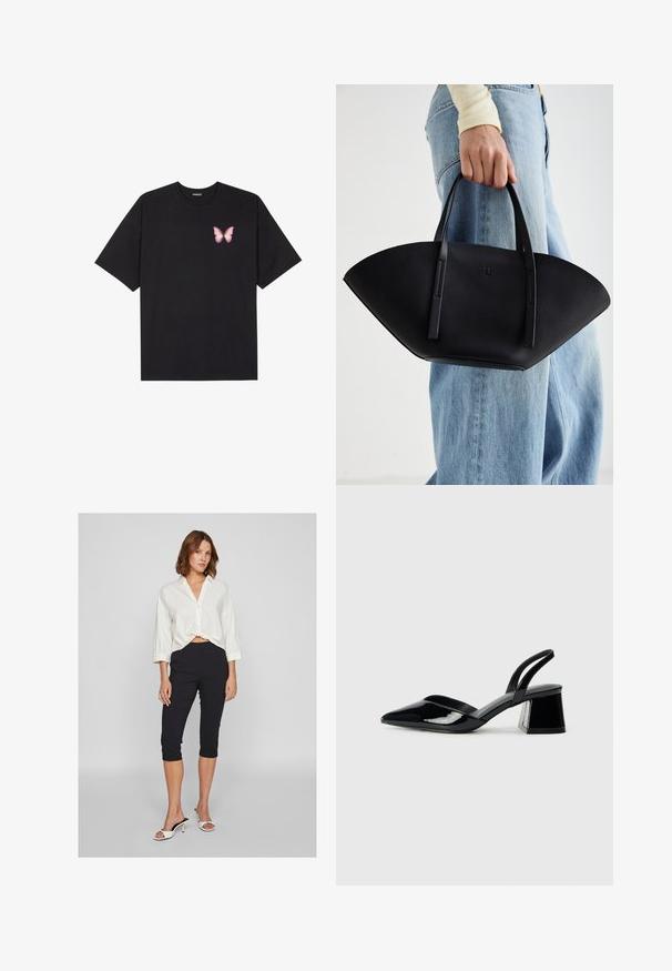 Must muströöpidega must puuvillane T-särk, vasakul rinnal on väike roosa liblikas. Ümar kaelus ja vabalt istuv lõige.; Valge, nööpidega lühendatud särk kolmeveerandvarrukatega; kantud mustade, slim-fit capri-pükste ja valgete avatud varvastega kontsadega.; Mustad musta lakknahk kingad, millel on terav varvas ja geomeetriline plokkkonts. Omab elegantselt minimalistlikku disaini ja sujuvat tekstuuri.; Must mustra kott, millel on unikaalne fännikujuline disain, millel on lapikud käepidemed. Pinna tekstuur on kivikujuline ja disain on minimalistlik.