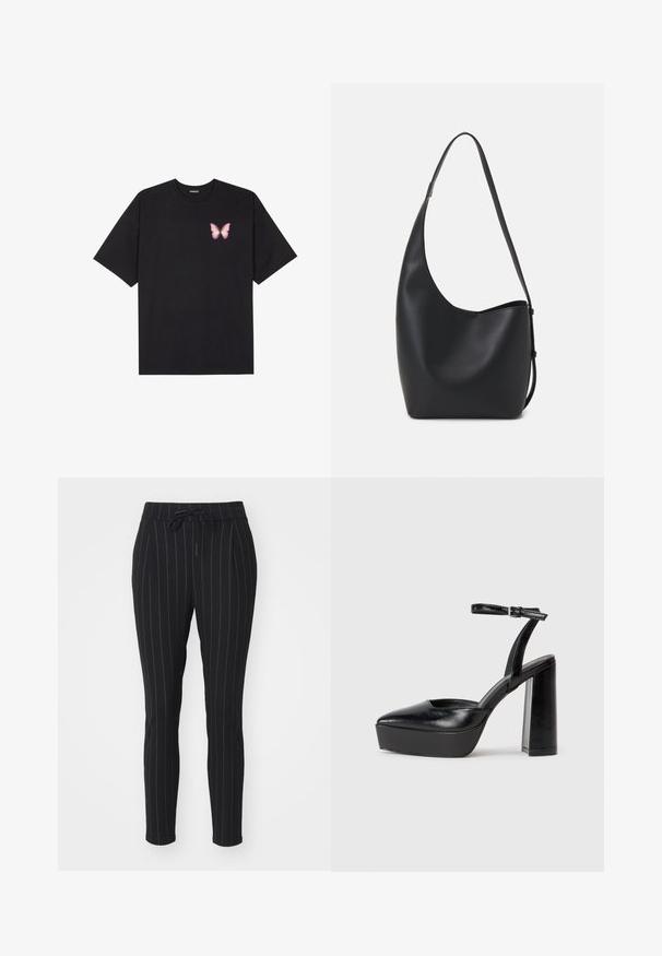 Tricou negru din bumbac cu mâneci scurte, având pe partea stângă a pieptului un mic grafic cu un fluture roz. Design cu guler rotund și croială lejeră.; Pantaloni negri cu dungi verticale albe, realizați dintr-un material moale, cu talie cu șnur și design cu picioare înguste.; Pantofi cu toc platformă negri, cu vârful ascuțit și curea reglabilă la gleznă. Confecționați din piele netedă, având un toc gros.; Geantă hobo din piele neagră, cu o textură netedă, formă curbată și un singur bretele ajustabil; are o deschidere largă în partea de sus.