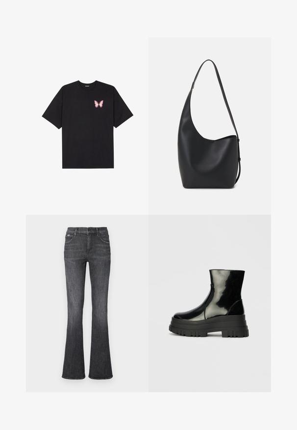Black cotton t-shirt with short sleeves, featuring a small pink butterfly graphic on the left chest. Crew neck design with a relaxed fit.; Flared jeans in dark gray denim with a smooth texture, five-pocket design, and a button closure at the waistband.; Black glossy ankle boot with thick lug sole and rounded toe, side view on plain light gray background.; Black leather hobo bag with a smooth texture, curved shape, and single adjustable strap; features a wide opening at the top.