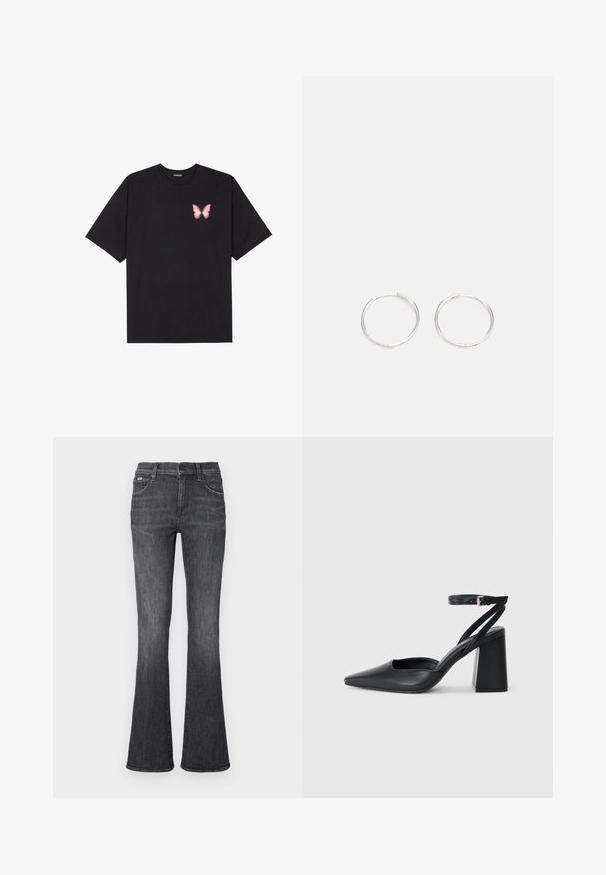 Tricou negru din bumbac cu mâneci scurte, având pe partea stângă a pieptului un mic grafic cu un fluture roz. Design cu guler rotund și croială lejeră.; Jeans evazați din denim gri închis, cu o textură netedă, design cu cinci buzunare și închidere cu nasture la talie.; Pantofii cu toc ascuțit din piele neagră, cu breteaua pentru glezne și toc gros. Textură netedă, design elegant și estetică minimală.; Cercei din argint cu un design elegant și rotund, având o suprafață netedă și fără embellismente vizibile. Diametrul nu este specificat.
