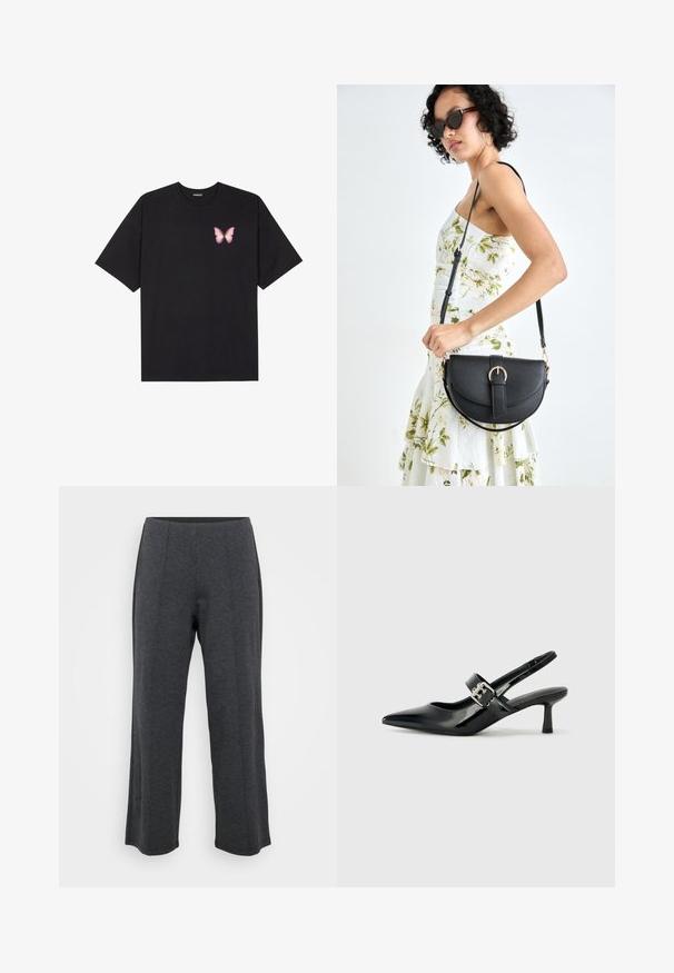 T-shirt nera in cotone con maniche corte, caratterizzata da una piccola grafica di una farfalla rosa sul lato sinistro del petto. Design a girocollo con una vestibilità rilassata.; Pantaloni larghi grigio scuro realizzati in un tessuto morbido ed elastico. Presentano una cintura liscia e una parte anteriore piatta con pieghe sottili per un tocco di dettaglio in più.; Décolleté neri in vernice con punta affilata e tacco a blocco piccolo, dotati di un accentuato con fibbia argentata sulla cinturino.; Borsa a tracolla nera in pelle con una forma curva, manico rimovibile e accessori dorati. La borsa presenta una patta con un dettaglio a fibbia.