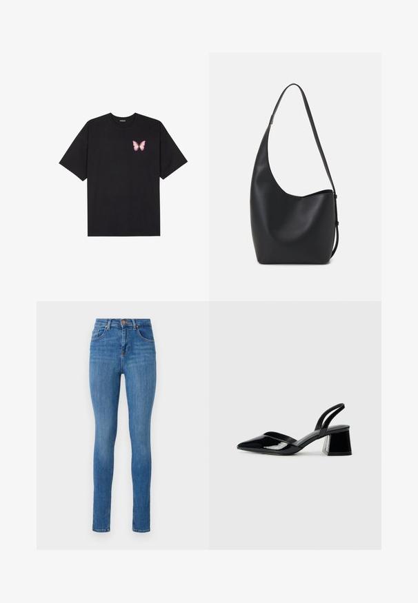 Fekete pamut póló rövid ujjakkal, bal mellkason egy kis rózsaszín pillangó grafikával. Kerek nyakú kialakítás, laza fazonnal.; Fekete mid-blue farmer skinny jeans, magas derékkal, klasszikus öt zsebes kialakítással, enyhe kopással és sima textúrával.; Fekete lakk bőr szandálkés magas sarkú cipő, hegyes orral és geometrikus tömbsarkakkal. Karcsú, minimalista dizájn és sima textúra jellemzi.; Fekete bőr hobo táska sima textúrával, ívelt formával és egyetlen állítható pánttal; széles nyílás található a tetején.