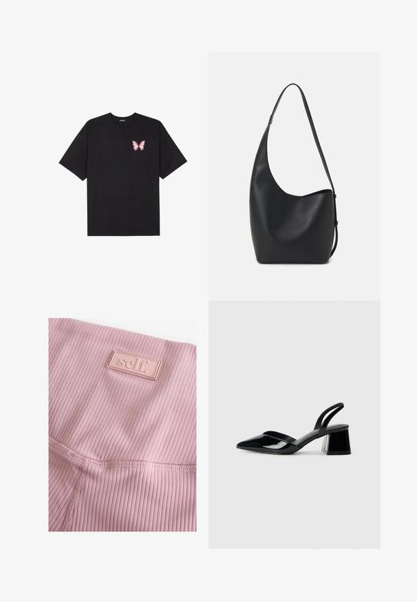 Must muströöpidega must puuvillane T-särk, vasakul rinnal on väike roosa liblikas. Ümar kaelus ja vabalt istuv lõige.; Heledad roosa ribatud retuusid, mis omavad tekstureeritud pinda ja ristküliku kujulist kummimärgistust, millel on sõna "self." ära õmmeldud.; Mustad musta lakknahk kingad, millel on terav varvas ja geomeetriline plokkkonts. Omab elegantselt minimalistlikku disaini ja sujuvat tekstuuri.; Mustast nahast hobo kott, millel on sile tekstuur, kumer kuju ja üks reguleeritav rihm; peal on lai avaus.