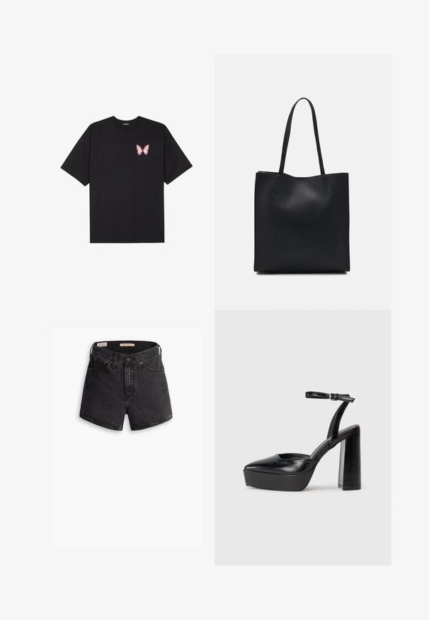 Černé bavlněné tričko s krátkým rukávem, na levém prsou s malou grafikou růžové motýlky. Design s kruhovým výstřihem a volným střihem.; Černé džínové šortky s vysokým pasem, se zapínáním na knoflík vpředu, čtyřmi kapsami a mírně ošuntělým vzhledem.; Černé platformové podpatky s špičatou špičkou a nastavitelným kotníkovým popruhem. Vyrobeny z hladké kůže, s masivním blokovým podpatkem.; Černá kožená taška přes rameno s hladkým povrchem, obdélníkovým tvarem a dvěma dlouhými uchy. Žádné viditelné kování ani ozdoby.