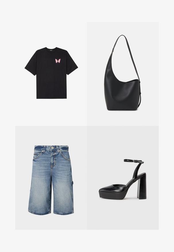 T-shirt de algodão preto com mangas curtas, apresentando um pequeno gráfico de borboleta rosa no lado esquerdo do peito. Design de gola redonda com um corte solto.; Calções de ganga em azul claro com um ajuste descontraído. As características incluem um fecho de botão, passadores para cinto e múltiplos bolsos com costura visível.; Saltos altos pretos com bico fino e atilho ajustável no tornozelo. Confeccionados em couro suave, apresentam um salto bloco robusto.; Saco hobo preto em pele com uma textura lisa, forma curva e uma única alça ajustável; apresenta uma abertura larga na parte de cima.
