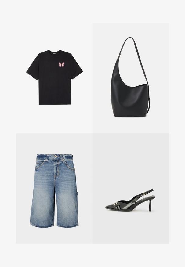 Črna bombažna majica s kratkimi rokavi, ki ima majhen roza metuljček na levi strani prsnega dela. Majica s krožnim ovratnikom in sproščenim krojem.; Denim kratke hlače v svetlo modri barvi z ohlapnim krojem. Značilnosti vključujejo zapiranje na gumb, pasove za pas in več žepov z vidnim šivanjem.; Črne patentne usnjene sandale s koničastim nosom, zankami okoli gležnja s srebrnimi sponkami in opremo ter vitkimi petami.; Črna usnjena hobo torba z gladko teksturo, ukrivljeno obliko in eno nastavljivo naramnico; ima širok odprtina na vrhu.