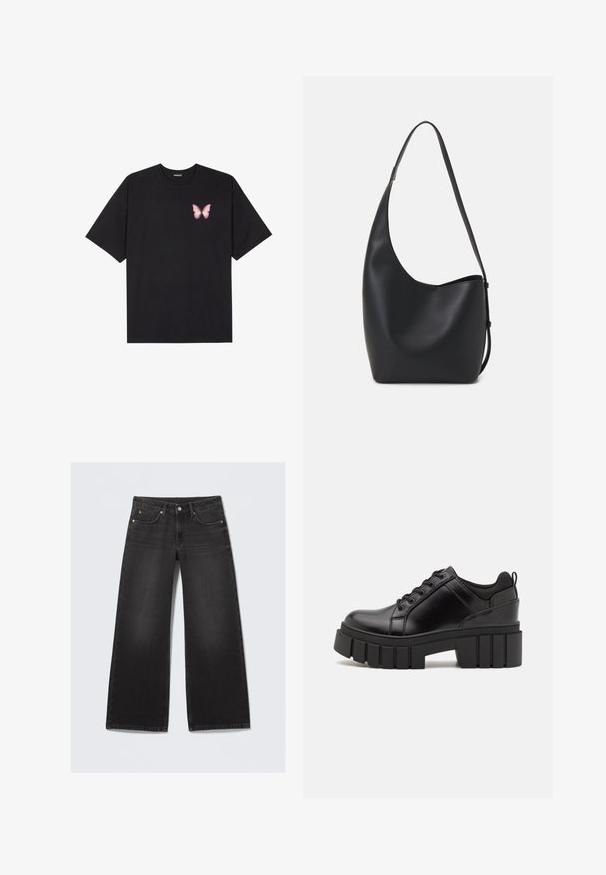 Schwarzes Baumwoll-T-Shirt mit kurzen Ärmeln, das ein kleines pinkes Schmetterlingsmotiv auf der linken Brust zeigt. Crewneck-Design mit einem entspannten Schnitt.; Schwarze, weit geschnittene Denim-Jeans mit fünf Taschen und Knopfverschluss, flach auf einem hellen Hintergrund ausgebreitet.; Schwarze Lederplateauschuhe mit klobigem Blockabsatz, runder Zehenpartie und traditionellem Schnürdesign. Verfügt über eine glatte Textur und minimale Details.; Schwarze Leder-Hobo-Tasche mit einer glatten Textur, geschwungener Form und einem einzelnen verstellbaren Tragegurt; verfügt über eine weite Öffnung am oberen Ende.