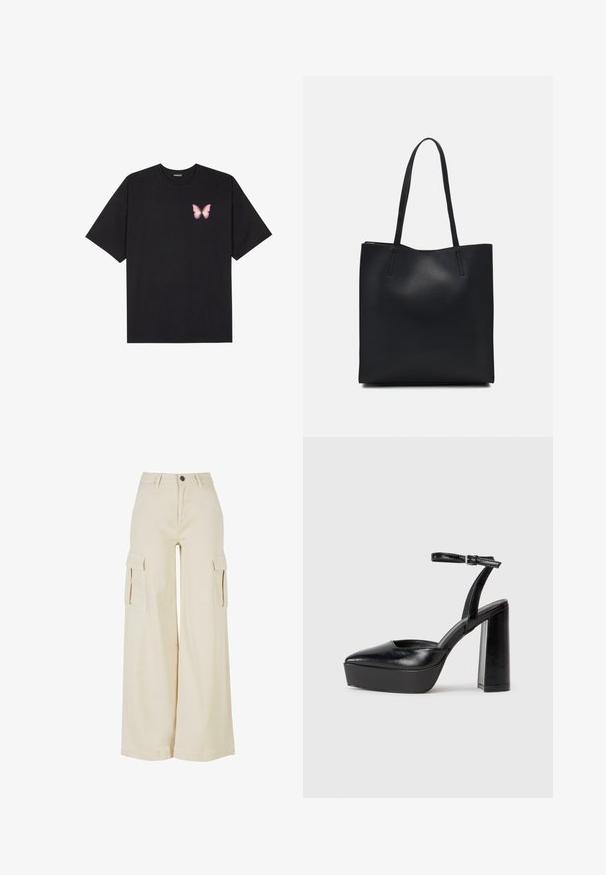Zwarte katoenen t-shirt met korte mouwen, voorzien van een kleine roze vlinder graphic op de linkerkant van de borst. Crew neck ontwerp met een relaxte fit.; Beige broek met wijde pijpen, gemaakt van katoen, met twee grote zijzakken, een sluiting met een knoop aan de voorkant en een nette zoom.; Zwarte plateauhakken met een puntige neus en verstelbare enkelband. Gemaakt van soepel leer, met een robuuste blokhak.; Zwarte leren handtas met een gladde textuur, rechthoekige vorm en twee lange handvaten. Geen zichtbare hardware of versieringen.