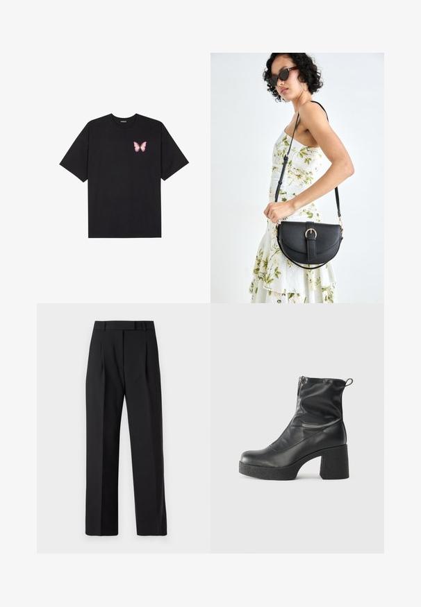 Juodas medvilnės marškinėliai trumpomis rankovėmis, su maža rožine drugelio grafika kairėje krūtinės pusėje. Apvalus kaklo iškirpimas, laisvas kirpimas.; Juodos plačios kelnės iš lygaus audinio, turinčios aukštą juosmenį, priekines raukšles ir be matomų priedų ar raštų.; Juodos kulkšninių botai, pagaminti iš lygaus odos, su šoniniu užtrauktuku, masyviu tekstūruotu kulnu ir apvaliu pirštu.; Juodas odinis krepšys su išlenkta forma, nuimamu dirželiu ir auksiniais detalėmis. Krepšys turi kilpą su sagtimi.