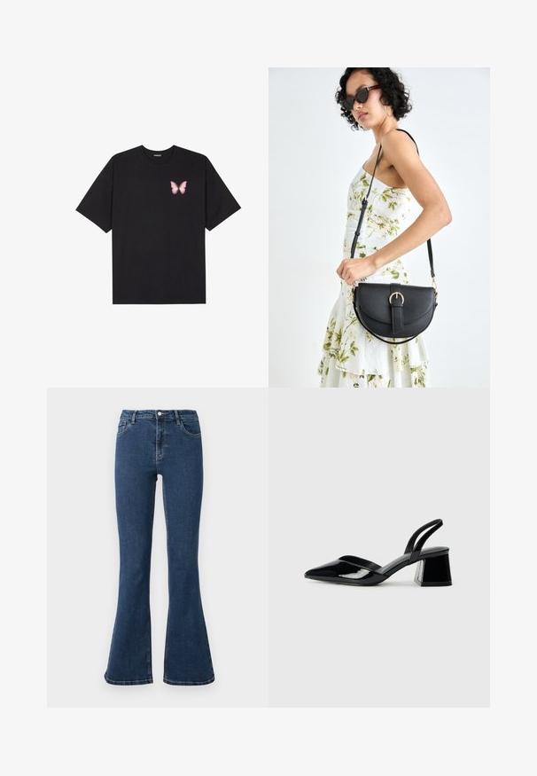 Tricou negru din bumbac cu mâneci scurte, având pe partea stângă a pieptului un mic grafic cu un fluture roz. Design cu guler rotund și croială lejeră.; Jeans evazați din denim de culoare albastru închis, cu închidere cu buton, cinci buzunare și cusături de contrast. Textură netedă și design cu picioare largi.; Pantofi cu toc slingback din piele lacuită neagră, cu vârf ascuțit și toc geometric. Prezintă un design elegant, minimalist și o textură netedă.; Geantă din piele neagră, cu o formă curbată, curea detașabilă și accesorii aurii. Geanta are un capac cu un detaliu tip cataramă.