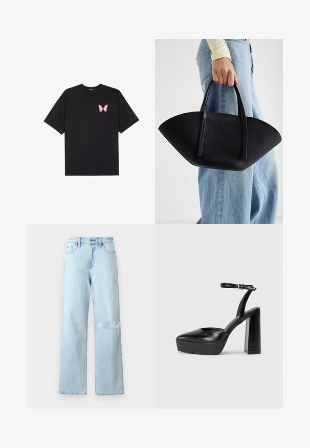 T-shirt en coton noir à manches courtes, avec un petit graphique de papillon rose sur la poitrine gauche. Modèle à col rond avec une coupe décontractée.; Jean en denim bleu clair avec une coupe ample, présentant un genou déchiré et un design classique à cinq poches. Texture lisse, style décontracté.; Escarpins noirs à plateforme avec un bout pointu et une sangle réglable à la cheville. Conçus en cuir lisse, avec un large talon bloc.; Sac à main en cuir noir avec une forme de éventail unique, doté de poignées plates. La surface présente une texture granuleuse et un design minimaliste.