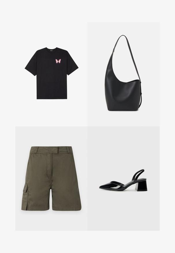 Melna kokvilnas T-krekls ar īsām piedurknēm, kuram priekšā kreisajā pusē ir neliels rozā tauriņa grafiskais attēls. Ar apaļu kaklu un brīvā stila piegriezumu.; Olīvu zaļas kravas šortas ar taisnu griezumu, nelielu sānu kabatu un pogu aizdari. Izgatavotas no izturīga auduma ar gludu tekstūru.; Melna lakota āda ar atvērto papēdi, ar smailu purngalu un ģeometrisku blokpapēdi. Iezīmējas elegants, minimāls dizains un gluda tekstūra.; Melnas ādas hobo soma ar gludu tekstūru, izliekta forma un vienu regulējamu jostu; augšā ir plaša atvere.