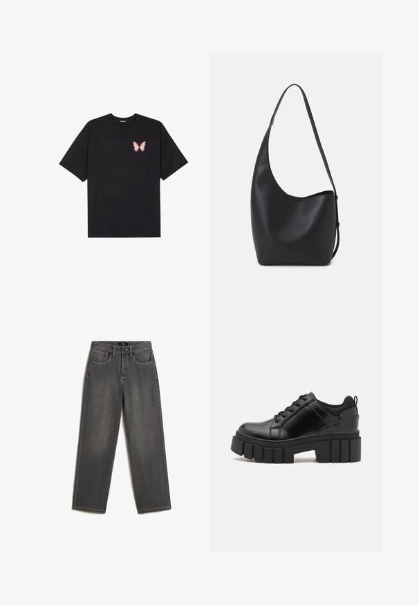 Camiseta de algodón negra de manga corta, con un pequeño gráfico de mariposa rosa en el lado izquierdo del pecho. Diseño de cuello redondo con un corte relajado.; Jeans de pierna ancha grises hechos de denim. Cuenta con cinco bolsillos, un cierre frontal de botón y cremallera, y un sutil desteñido en la tela.; Zapatos de plataforma de cuero negro con un tacón cuadrado grueso, punta redonda y diseño tradicional de cordones. Presenta una textura suave y un detalle minimalista.; Bolso tipo hobo de cuero negro con una textura suave, forma curvada y una sola correa ajustable; presenta una amplia apertura en la parte superior.