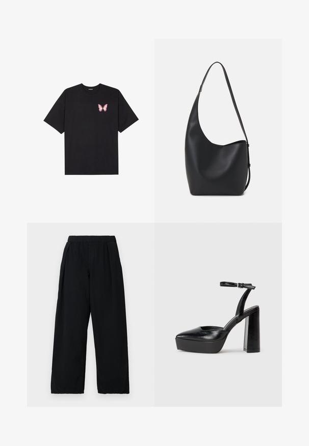 Svart bomulls T-skjorte med korte ermer, med en liten rosa sommerfugl grafikk på venstre bryst. Crew-neck design med en avslappet passform.; BDG Urban Outfitters BOBBI PANT - Bukse - black; Sorte plattformhelter med spiss tå og justerbar ankelrem. Laget av glatt lær, med en robust blokkhel.; Svart lær hobo-veske med glatt tekstur, buet form og enkelt justerbart stropp; har en bred åpning på toppen.