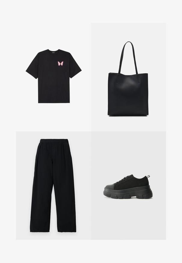 Svart bomullströja med korta ärmar, med en liten rosa fjärilsgrafik på vänster bröst. Rundad halsdesign med en avslappnad passform.; BDG Urban Outfitters BOBBI PANT - Tygbyxor - black; Svarta sneakers med en kraftig gummisula, texturerad tygöverdel, rund tå och snörning. Har förstärkta öglor och dragflik bak.; Svart lädertoffelväska med slät textur, rektangulär form och två långa handtag. Ingen synlig hårdvara eller dekorationer.
