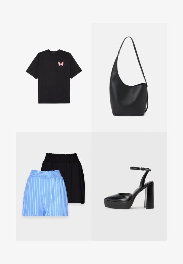 Čierne bavlnené tričko s krátkymi rukávmi, s malým ružovým motýlikom na ľavej hrudi. Design s okrúhlym výstrihom a uvoľneným strihom.; Dve dvojice šortiek s elastickým pásom: jedny svetlomodré s bielymi vertikálnymi prúžkami, druhé jednofarebné čierne. Obe sú vyrobené z mäkkého materiálu.; Čierne platformové podpätky so špicatou špičkou a nastaviteľným členkovým remienkom. Vyrobené z hladkej kože a so robustným blokovým podpätkom.; Čierna kožená hobo taška so hladkou textúrou, zakriveným tvarom a jedným nastaviteľným popruhom; má široké otvorenie na vrchu.