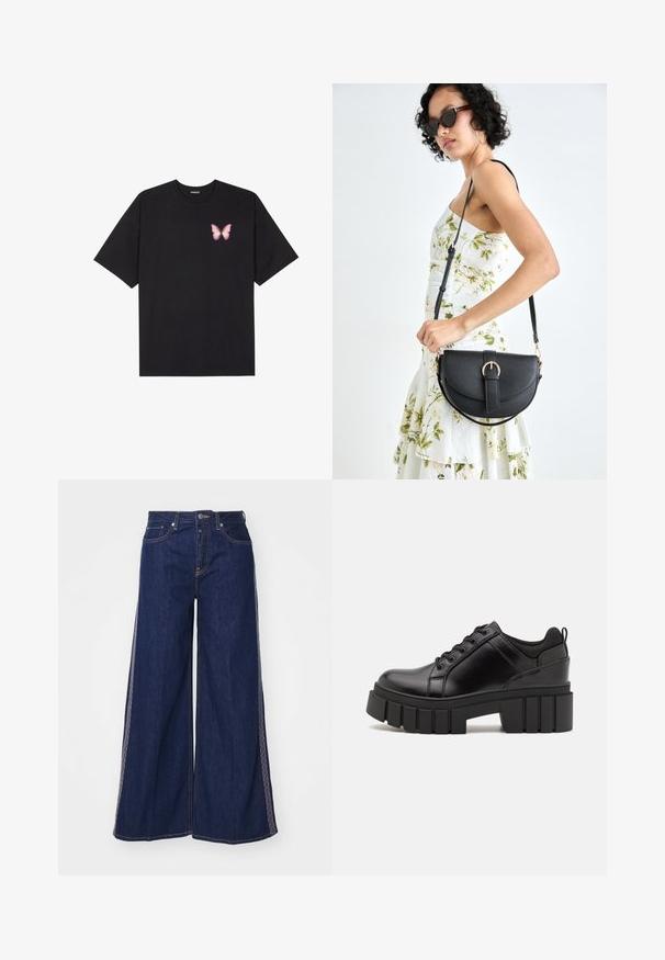 Crna pamučna majica s kratkim rukavima, s malim grafičkim prikazom ružičaste vjetricaste s desne strane na prsima. Dizajn s okruglim izrezom i opuštenim krojem.; Široke traperice tamnoplave boje, sa kontrastnim šavovima i visokim strukom. Tkanina je čvrsta s glatkom teksturom.; Crne kožne platforme s debelim blok-peta, okruglim prstima i klasičnim dizajnom vezanja. Imaju gladak tekstur i minimalne detalje.; Crna kožna torba s lukovitim oblikom, odvojivim remenom i zlatnim detaljima. Torba ima preklop s kopčom.