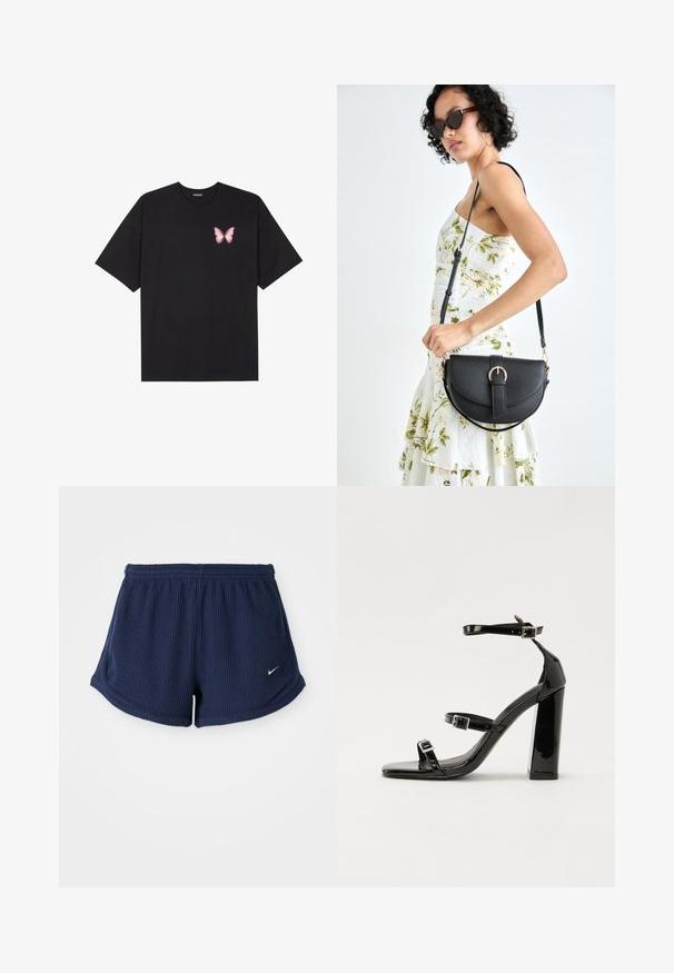 Melna kokvilnas T-krekls ar īsām piedurknēm, kuram priekšā kreisajā pusē ir neliels rozā tauriņa grafiskais attēls. Ar apaļu kaklu un brīvā stila piegriezumu.; Tums zila, ribota sporta bikses ar elastīgu jostasvietu, ar mazu balto Nike logo apakšējā malā. Mīksta tekstūra.; Melni lakoti augstpapēžu sandales ar divām sprādzēm, kvadrātveida purngalu un masīvu papēdi, ar gludu, spīdīgu virsmu.; Melnas ādas rokassoma ar izliekta formu, noņemamu siksnu un zelta aksesuāriem. Somai ir vāciņš ar sprādzes detaļu.