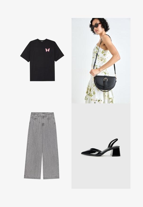 T-shirt de algodão preto com mangas curtas, apresentando um pequeno gráfico de borboleta rosa no lado esquerdo do peito. Design de gola redonda com um corte solto.; Calças de perna larga cinza, feitas de ganga, com um cós elástico com cordão, dois bolsos frontais e um design de perna reta.; Sandy em verniz preto com salto slingback, ponta afilada e salto geométrico. Apresenta um design elegante e minimalista com textura suave.; Bolsa de couro preta com forma curva, alça destacável e detalhes em dourado. A bolsa possui uma aba com detalhe de fivela.