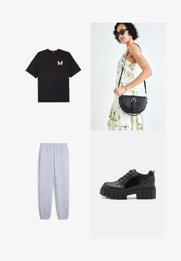 Crna pamučna majica s kratkim rukavima, s malim grafičkim prikazom ružičaste vjetricaste s desne strane na prsima. Dizajn s okruglim izrezom i opuštenim krojem.; Svijetlosive Puma trenirke izrađene od mekanog materijala s elastičnom gumom u struku i na manžetama. Sadrže mali bijeli logo na lijevom bedru.; Crne kožne platforme s debelim blok-peta, okruglim prstima i klasičnim dizajnom vezanja. Imaju gladak tekstur i minimalne detalje.; Crna kožna torba s lukovitim oblikom, odvojivim remenom i zlatnim detaljima. Torba ima preklop s kopčom.