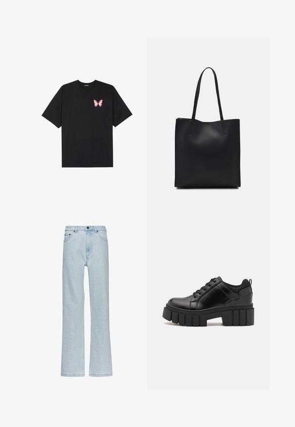 Svart bomulls T-skjorte med korte ermer, med en liten rosa sommerfugl grafikk på venstre bryst. Crew-neck design med en avslappet passform.; Karl Kani SMALL SIGNATURE FIVE POCKET STRAIGHT LEG DENIM - Jeans relaxed fit - bleached blue; Svarte lærplattformsko med kraftig blokkhell, rund tå og tradisjonell snøring. Har en jevn tekstur og minimal detaljering.; Svart lær tote bag med glatt tekstur, rektangulær form og to lange håndtak. Ingen synlige deler eller dekorasjoner.